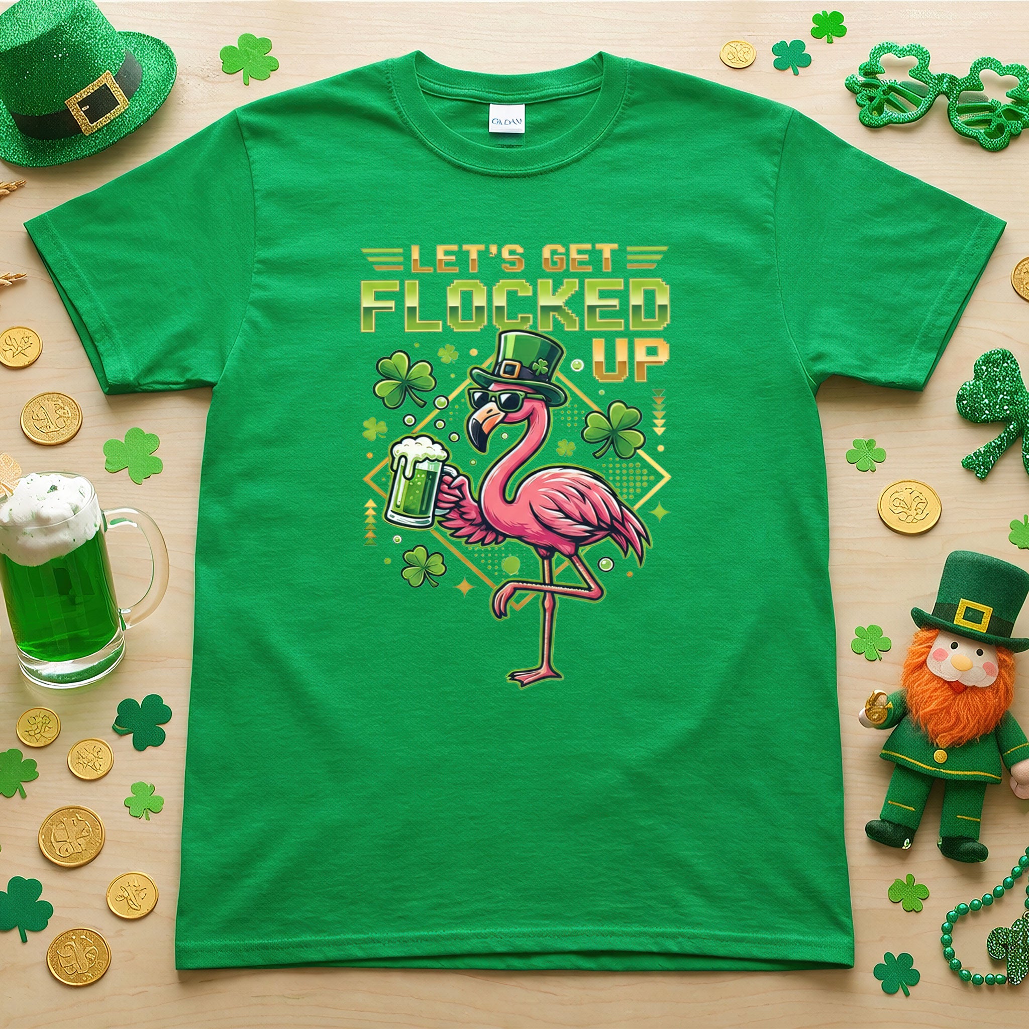 Funny Let's Get Flocked Up St. Patrick's Day Flamingo T-Shirt - Irish Beer Party Tee