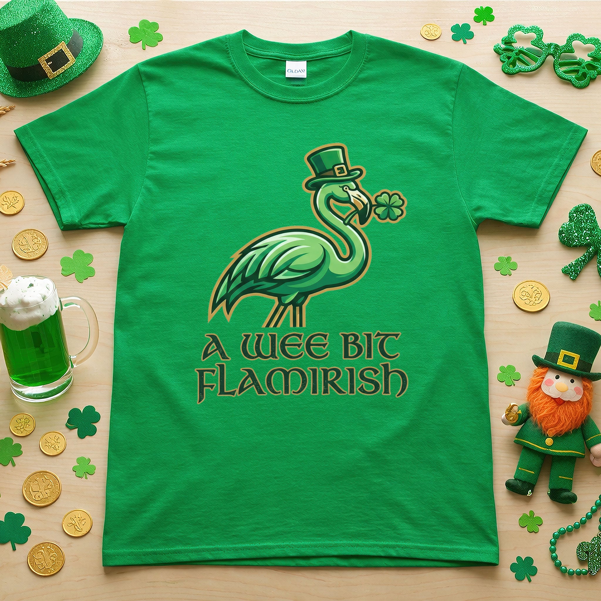 A Wee Bit Flamirish Green Flamingo St. Patrick's Day T-Shirt - Funny Irish Humor for Flamingo Fanatics
