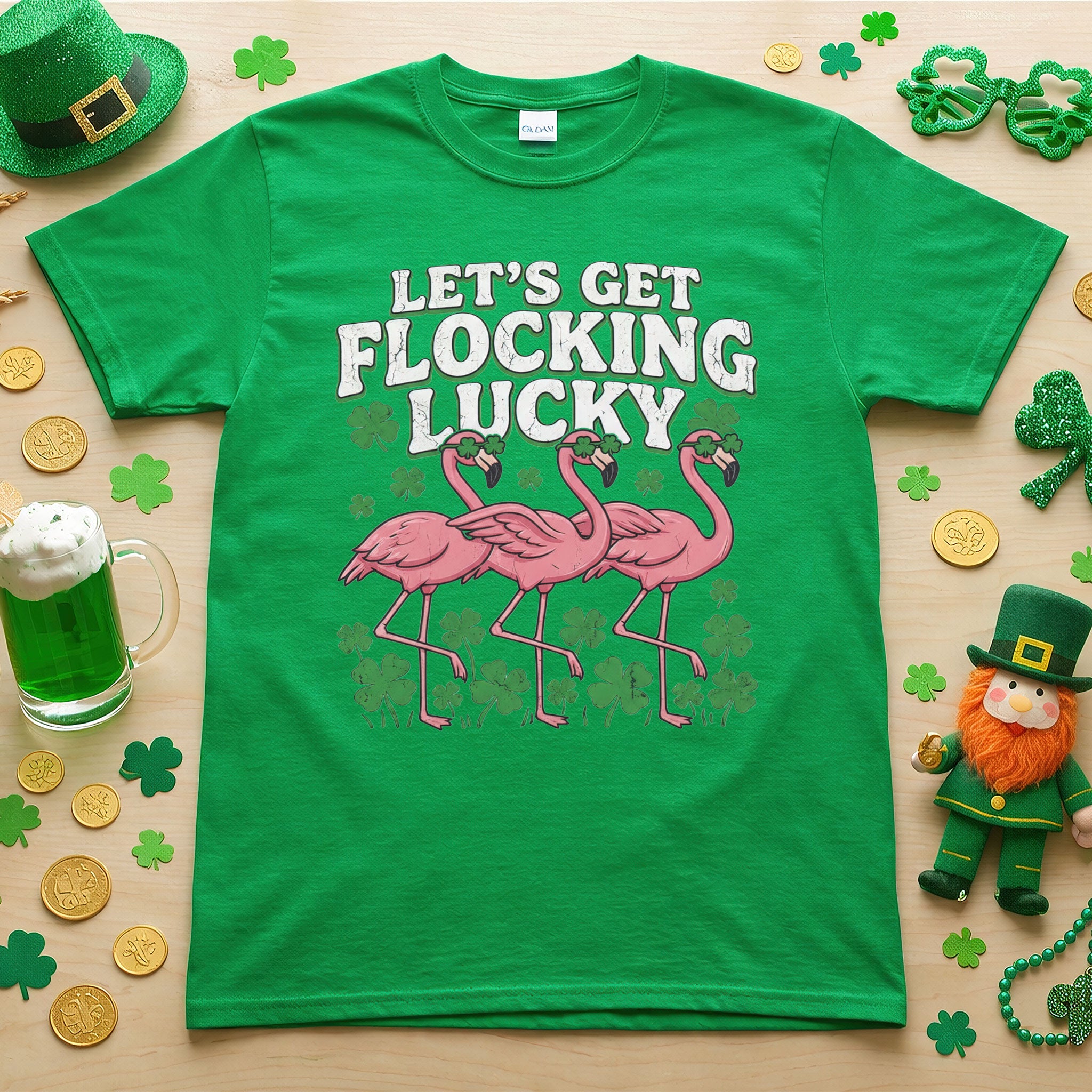 Funny 'Lets Get Flocking Lucky' Flamingo St. Patrick's Day T-Shirt - Festive Irish Women's Tee