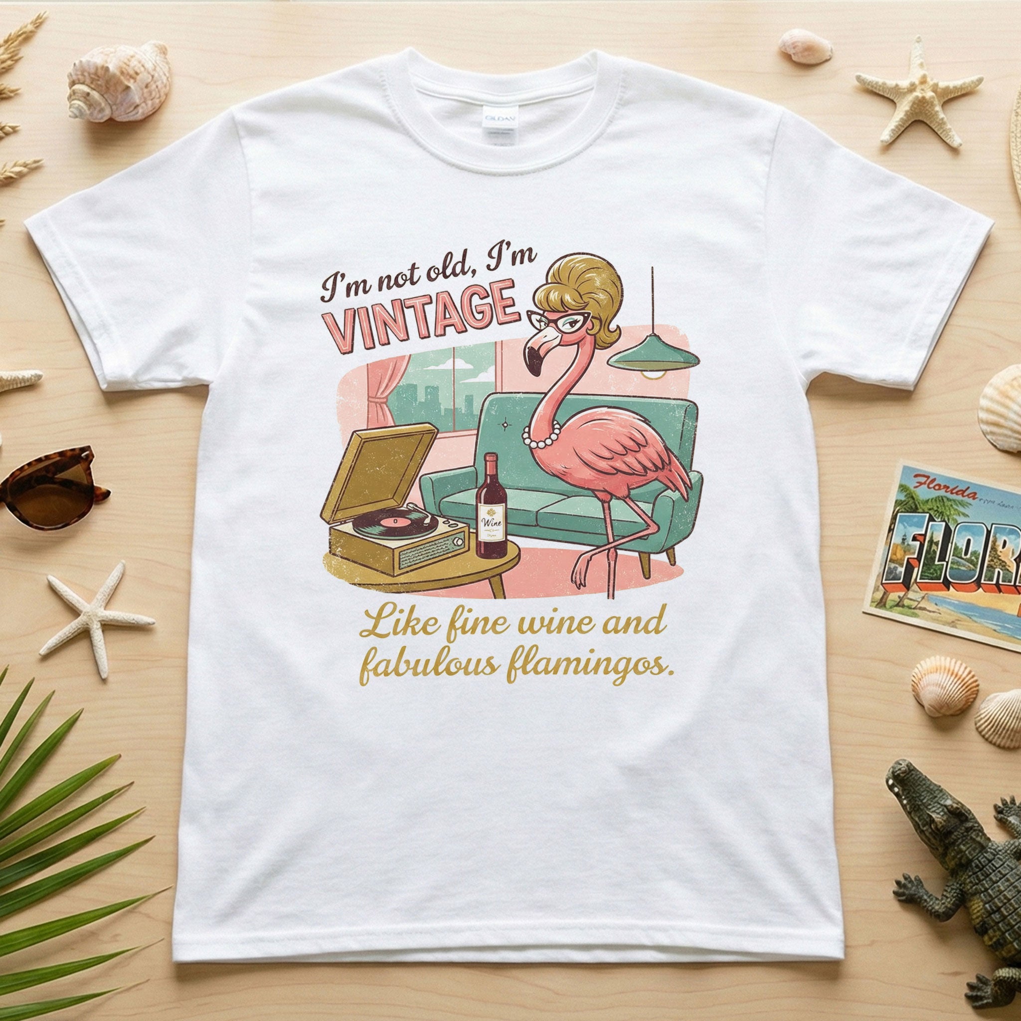 Fabulous Retro Flamingo Vintage T-Shirt - Funny Grandma Wine & Age Gift