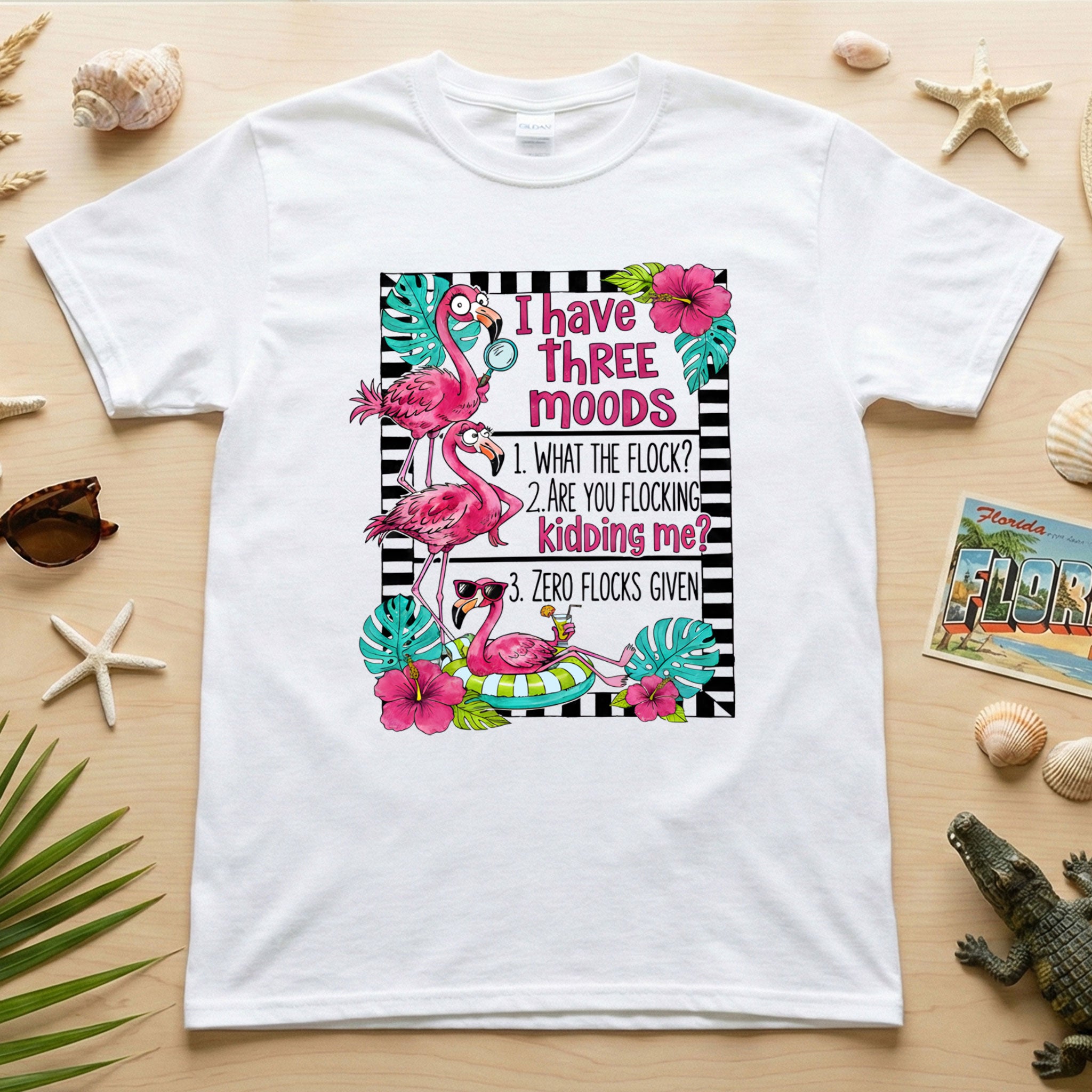 Sassy Flamingo Mood Graphic T-Shirt for Women - Zero Flocks Given Humor Tee