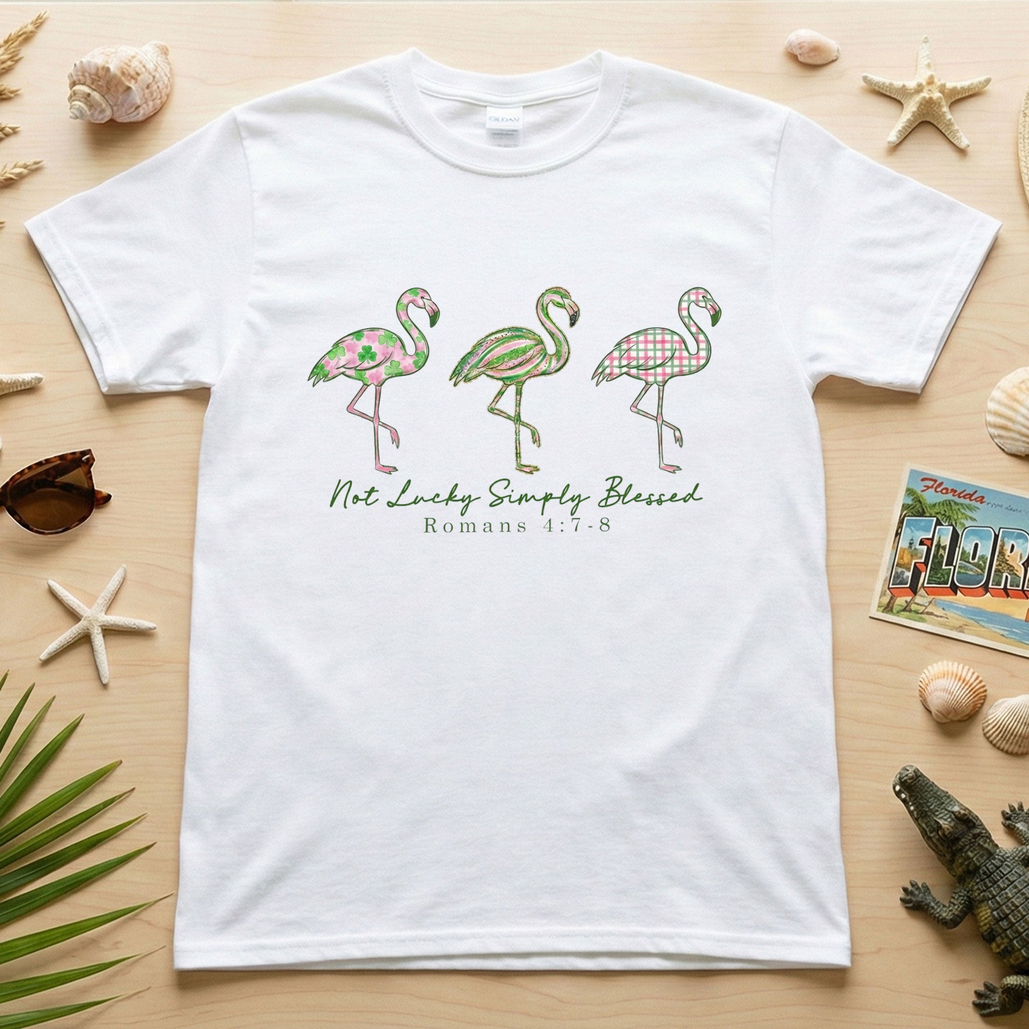 Not Lucky Simply Blessed Flamingo Shirt – Christian Faith Romans 4:7-8 Bible Verse Flamingo T-Shirt