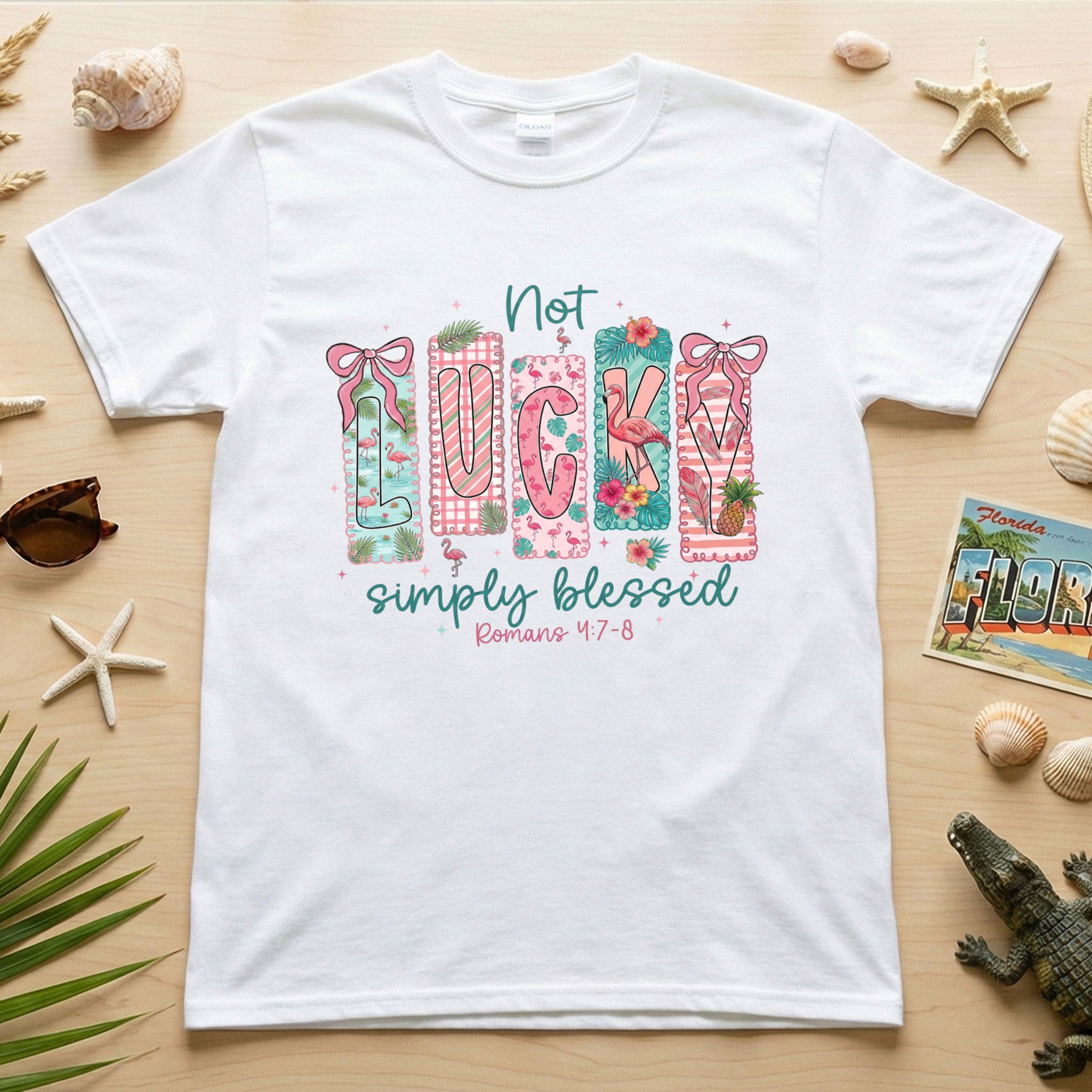Not Lucky Simply Blessed Flamingo Shirt – Romans 4:7-8 Christian Faith Tropical Flamingo T-Shirt