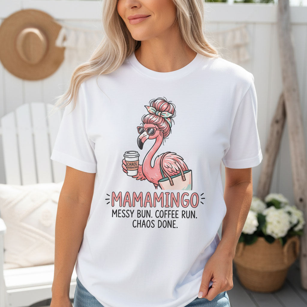 Personalized Mamamingo Messy Bun Coffee Run Chaos Done Flamingo Shirt