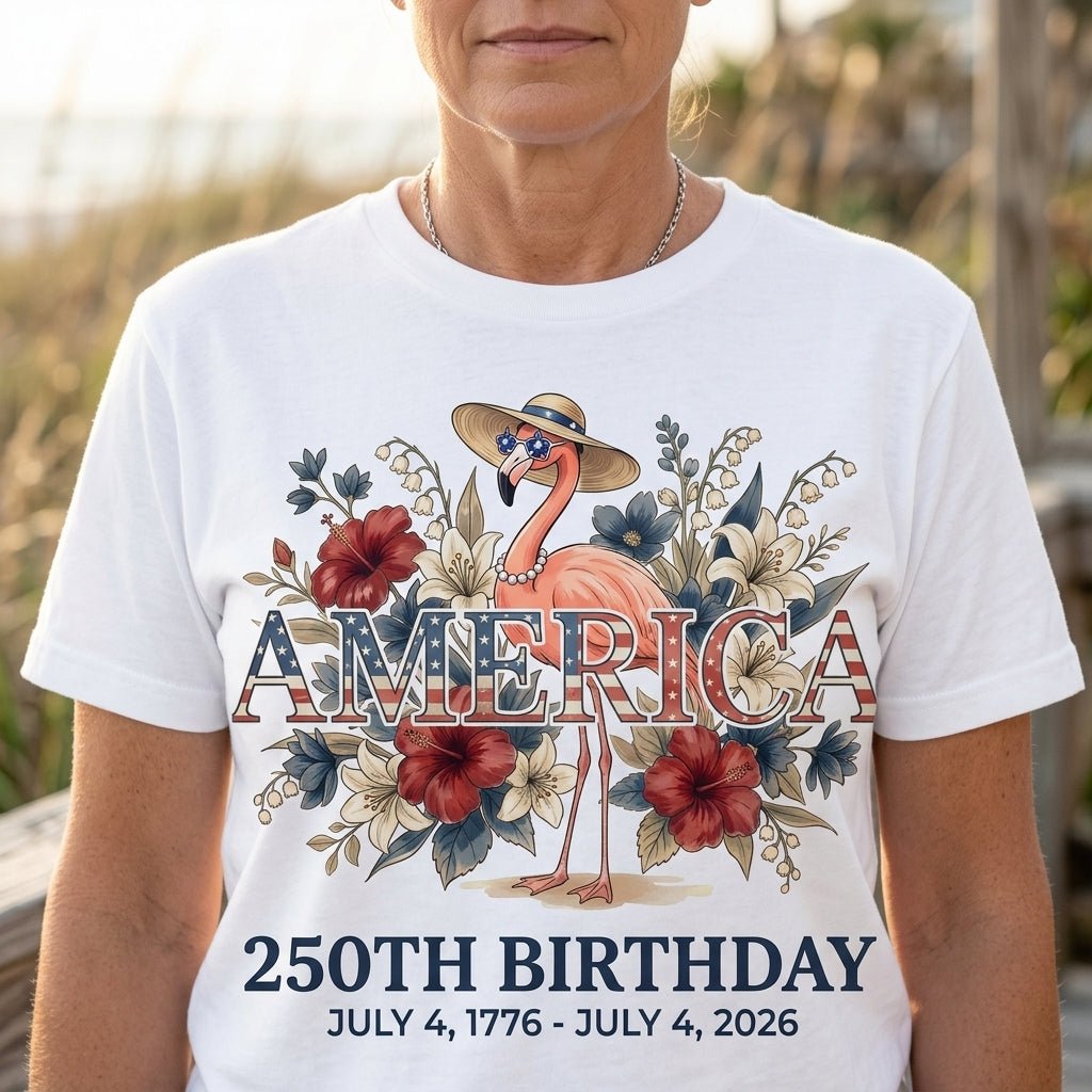 America 250th Birthday Floral Patriotic Flamingo 4th of July T-Shirt