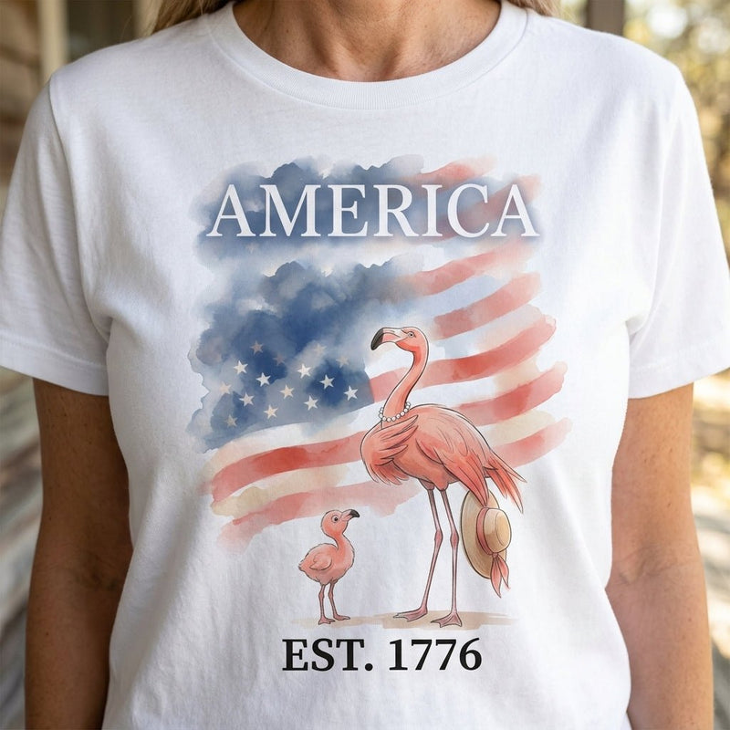 America Est. 1776 Watercolor Mama & Baby Patriotic Flamingo 4th of July T-Shirt