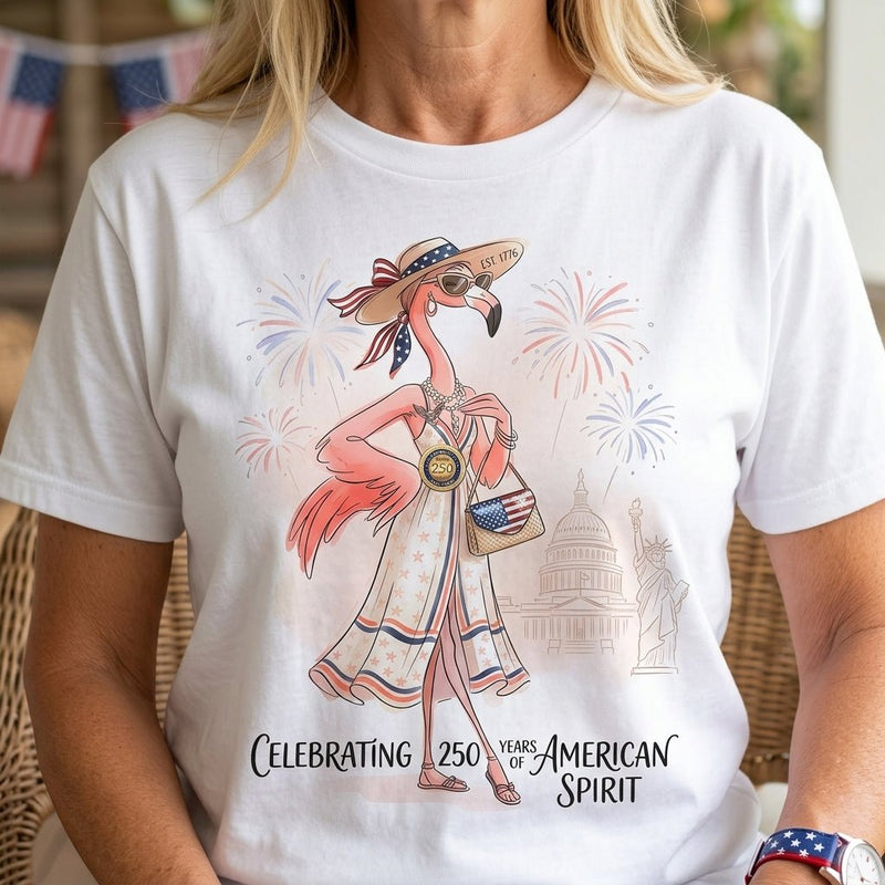 Celebrating 250 Years of American Spirit Patriotic Flamingo Summer T-Shirt
