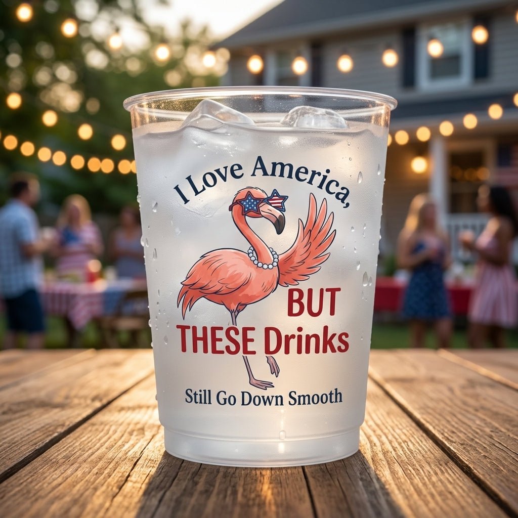Personalized I Love America Funny Sarcastic Flamingo 4th of July Frosted Cups