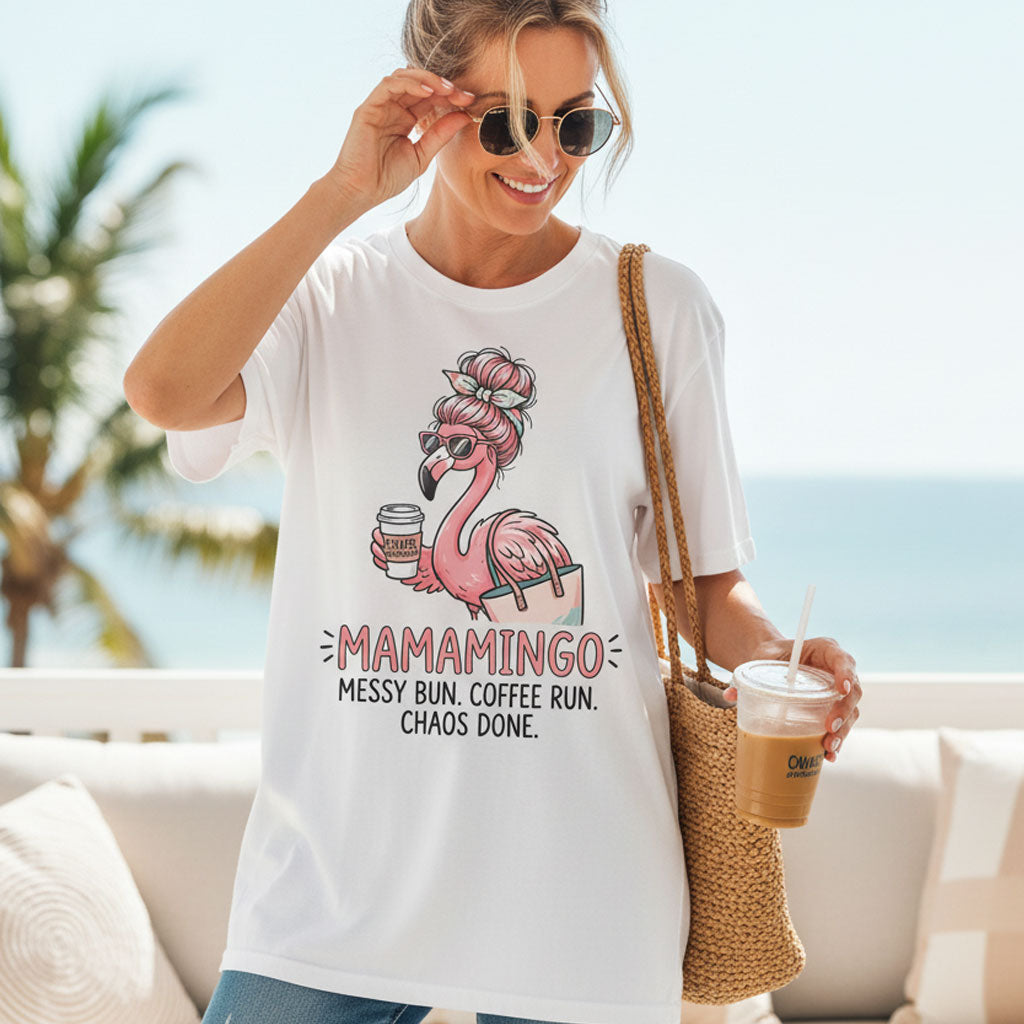 Personalized Mamamingo Messy Bun Coffee Run Chaos Done Flamingo Shirt
