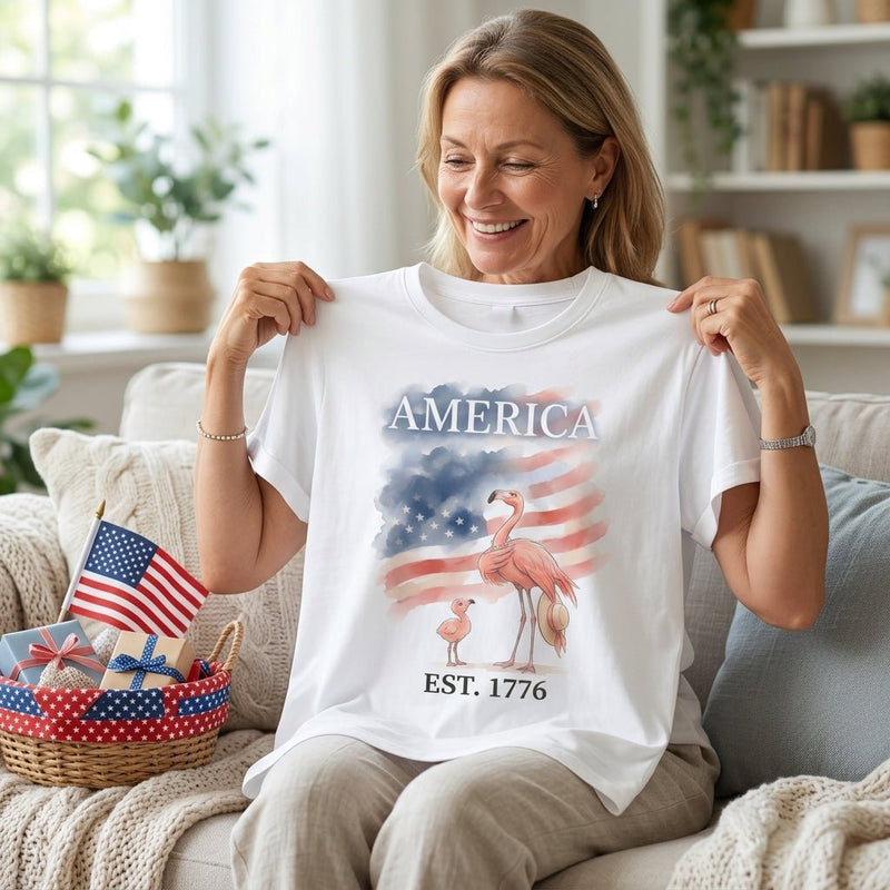 America Est. 1776 Watercolor Mama & Baby Patriotic Flamingo 4th of July T-Shirt