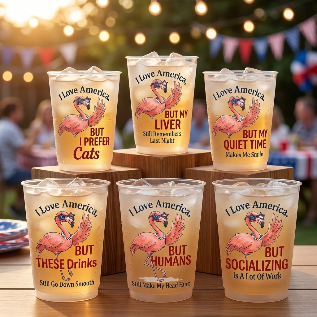 Personalized I Love America Funny Sarcastic Flamingo 4th of July Frosted Cups