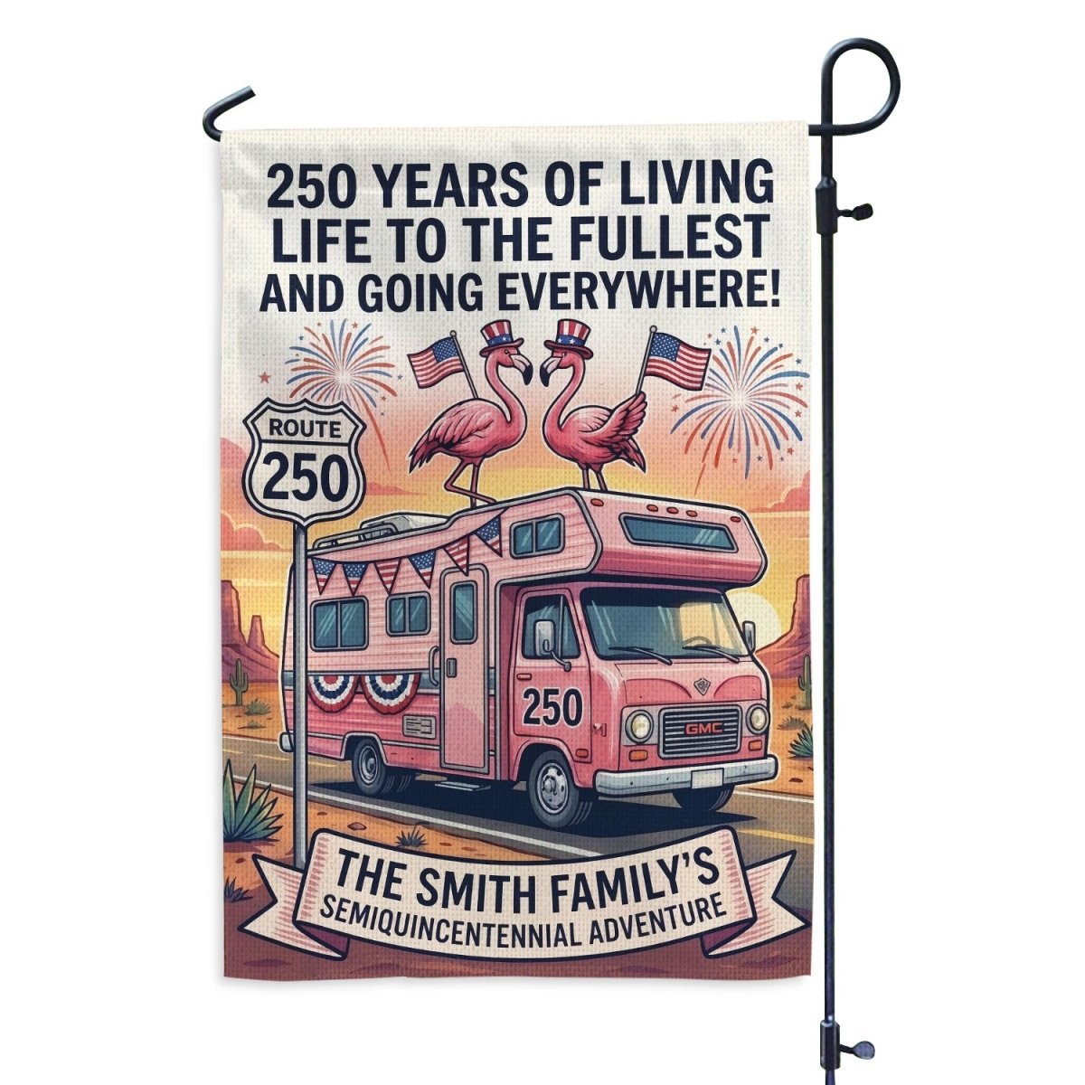 Personalized Flamingo RV Garden Flag 250 – Custom Family Patriotic Road Trip Yard Decor