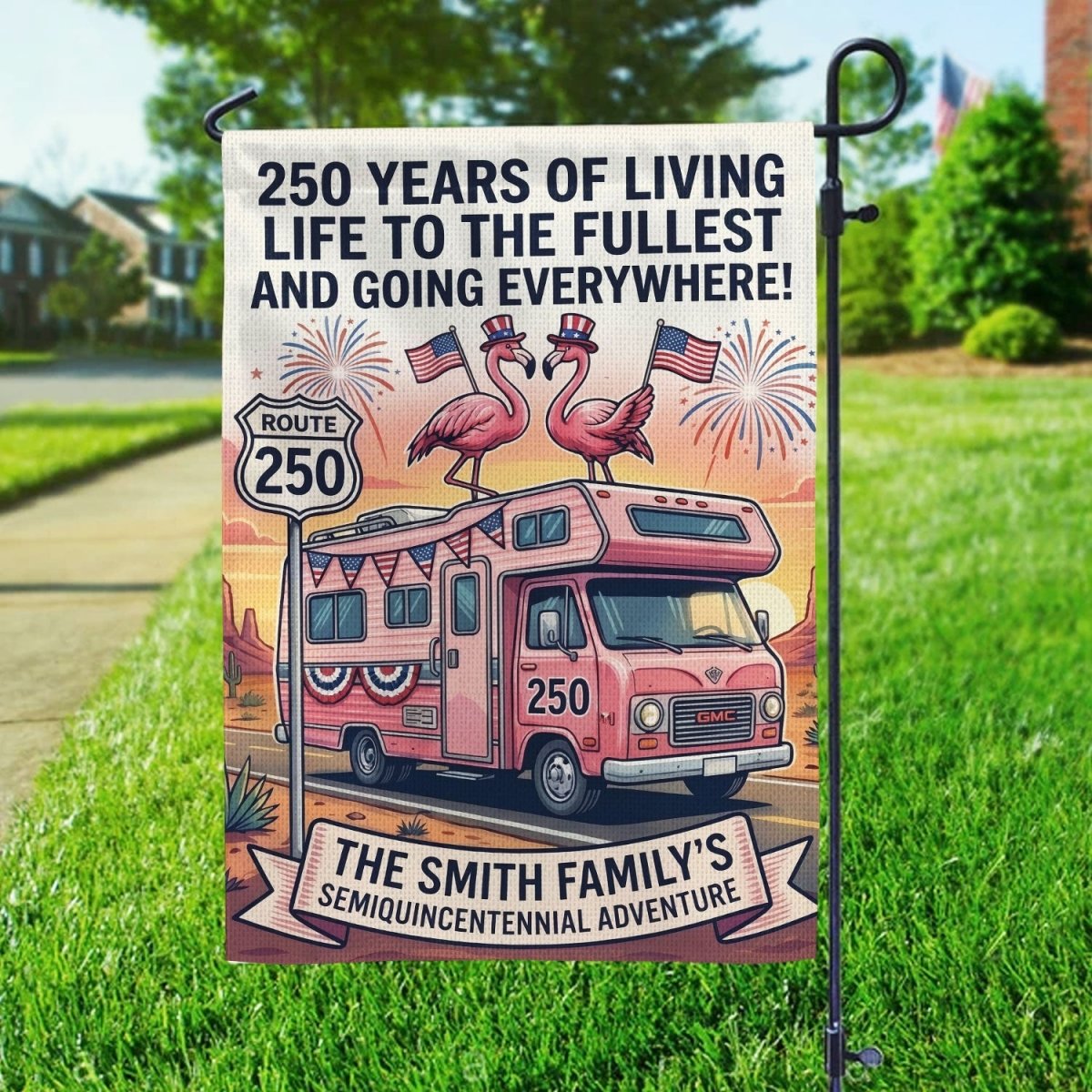Personalized Flamingo RV Garden Flag 250 – Custom Family Patriotic Road Trip Yard Decor