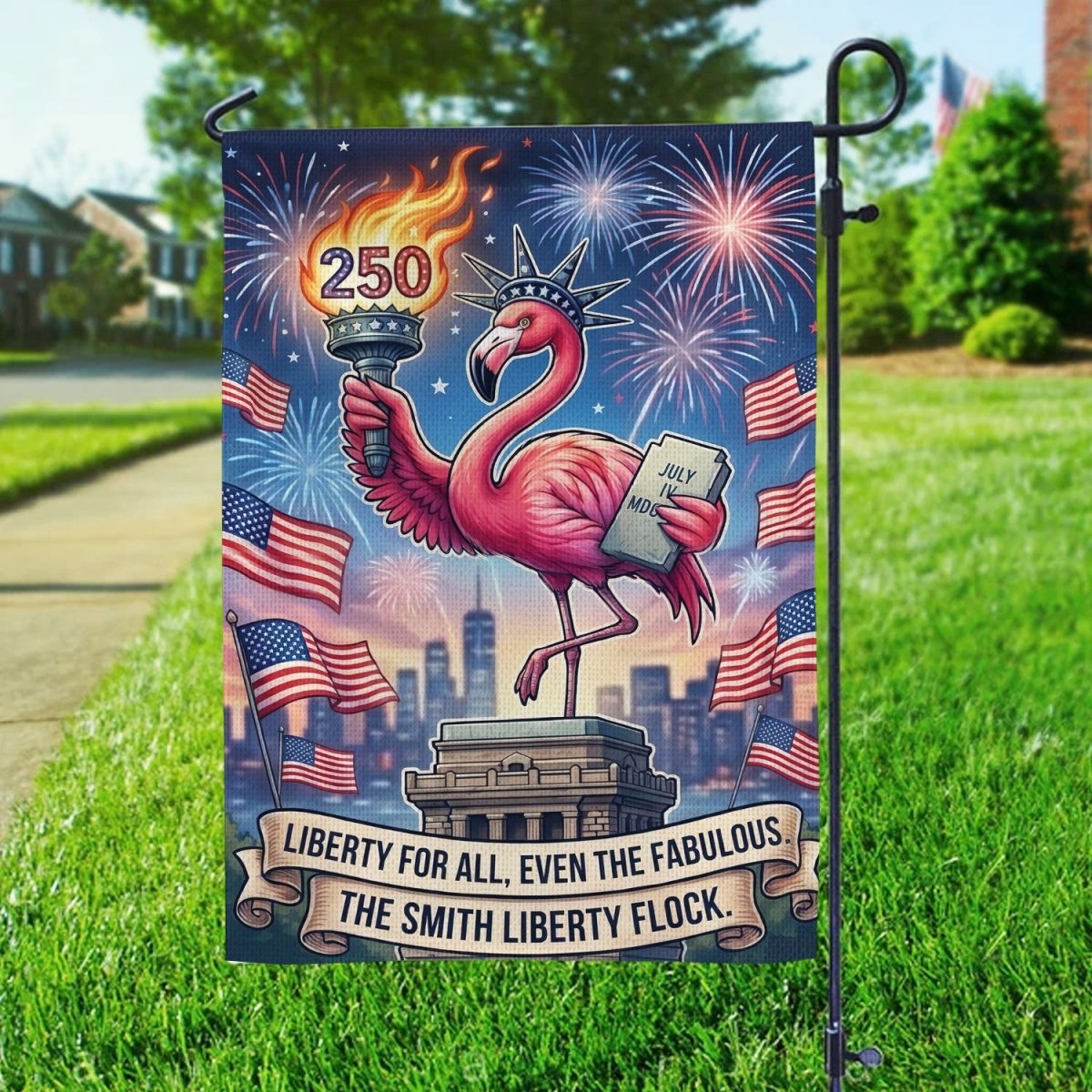 Personalized "Fabulous Lady Liberty" Flamingo America 250 Garden Flag