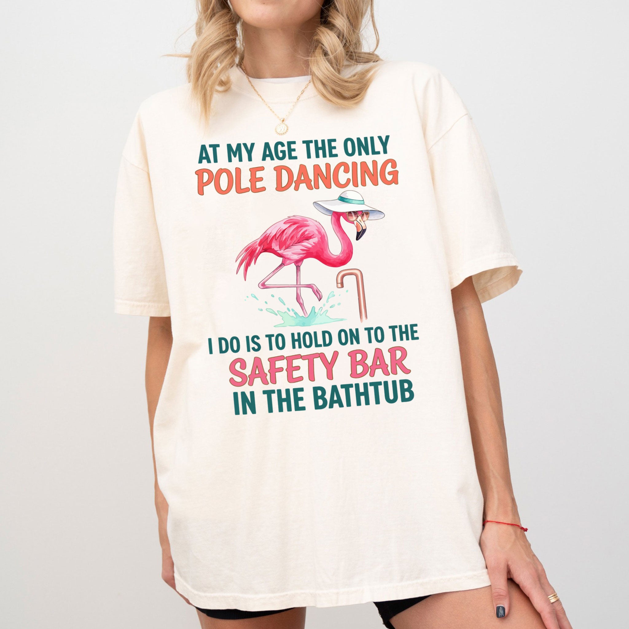 Hilarious Pole Dancing Flamingo T-Shirt - Funny Age Joke Gift for Women & Mom