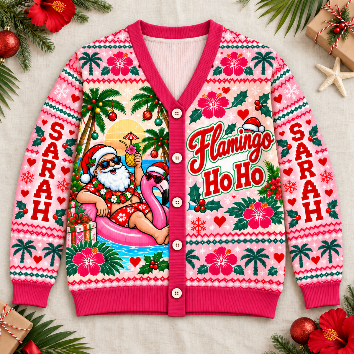 Personalized Flamingo Ho Ho Christmas Knitted Sweater & Cardigan