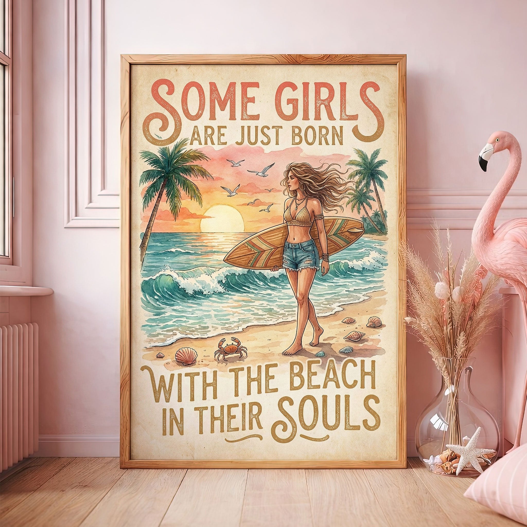 Beach Soul Surf Poster – Tropical Sunset Surf Girl Wall Art