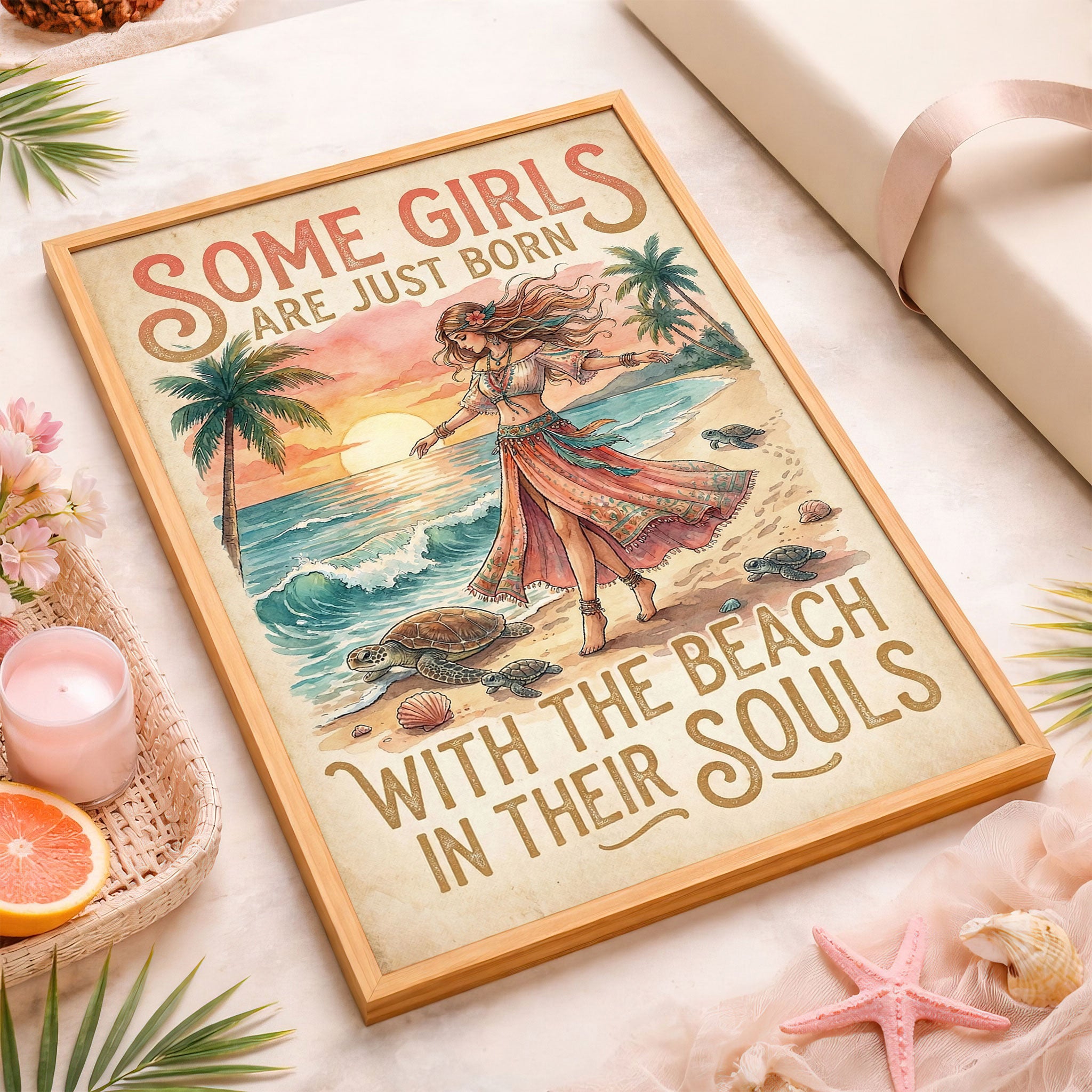 Beach Soul Turtle Poster – Tropical Sunset Coastal Wall Art