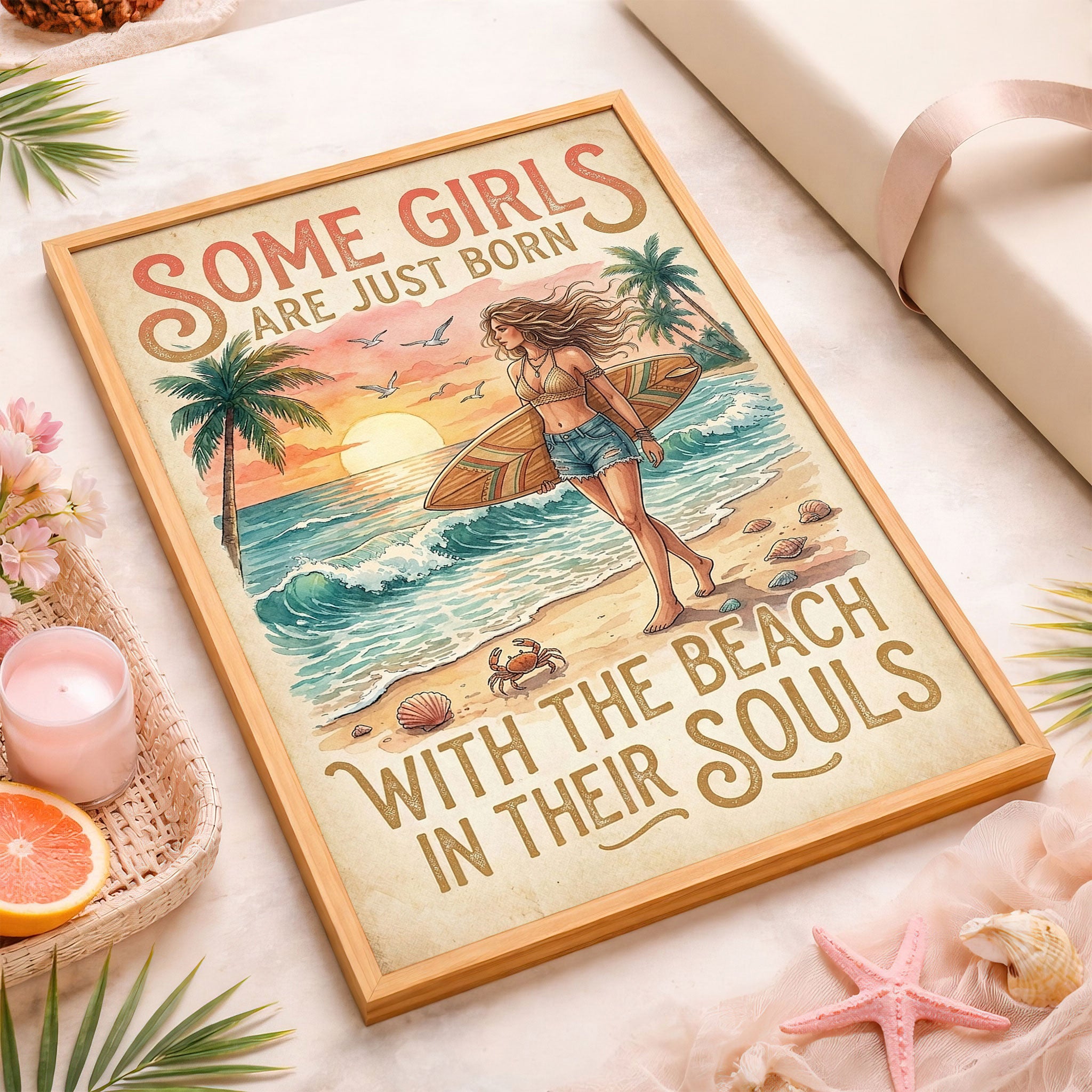 Beach Soul Surf Poster – Tropical Sunset Surf Girl Wall Art