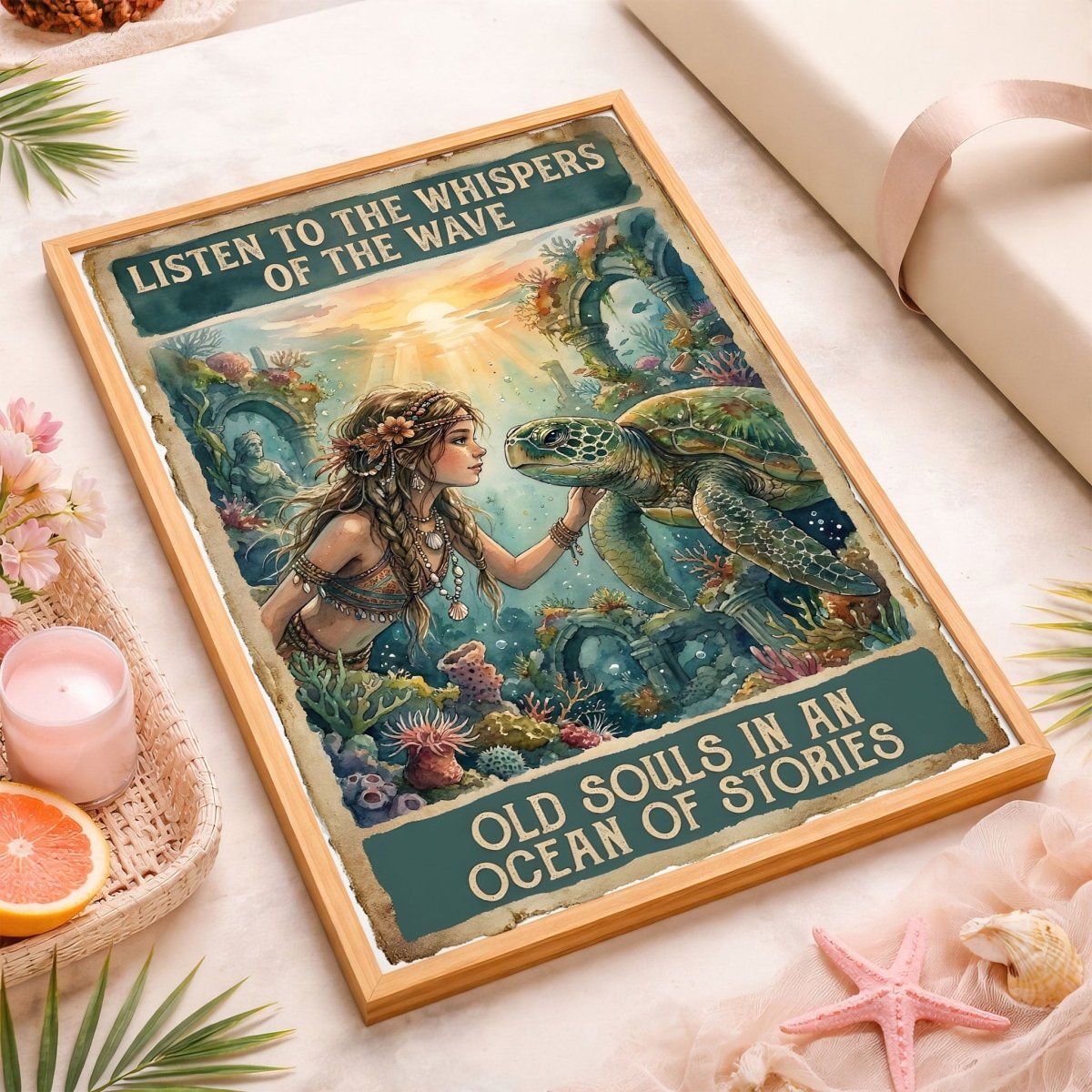 Listen to the Whispers of the Wave - Old Souls Sea Turtle Vintage Poster