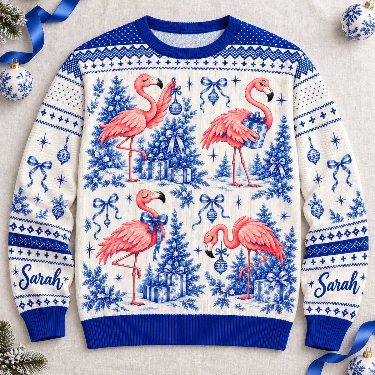 Personalized Flamingo Christmas Tree Toile de Jouy Knitted Sweater & Cardigan