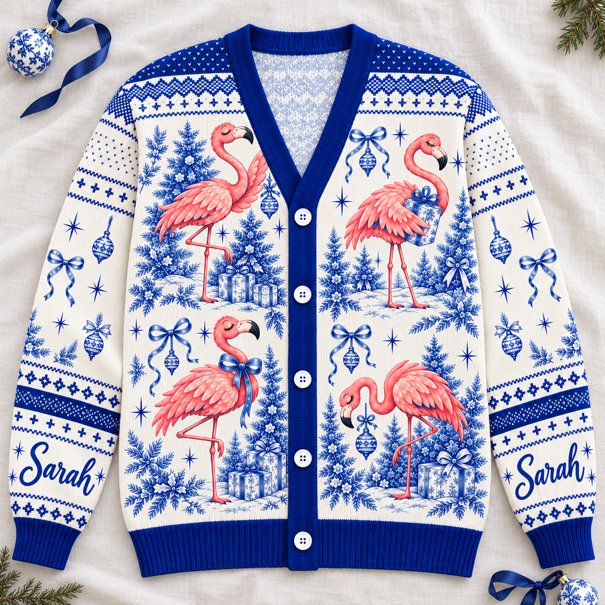 Personalized Flamingo Christmas Tree Toile de Jouy Knitted Sweater & Cardigan