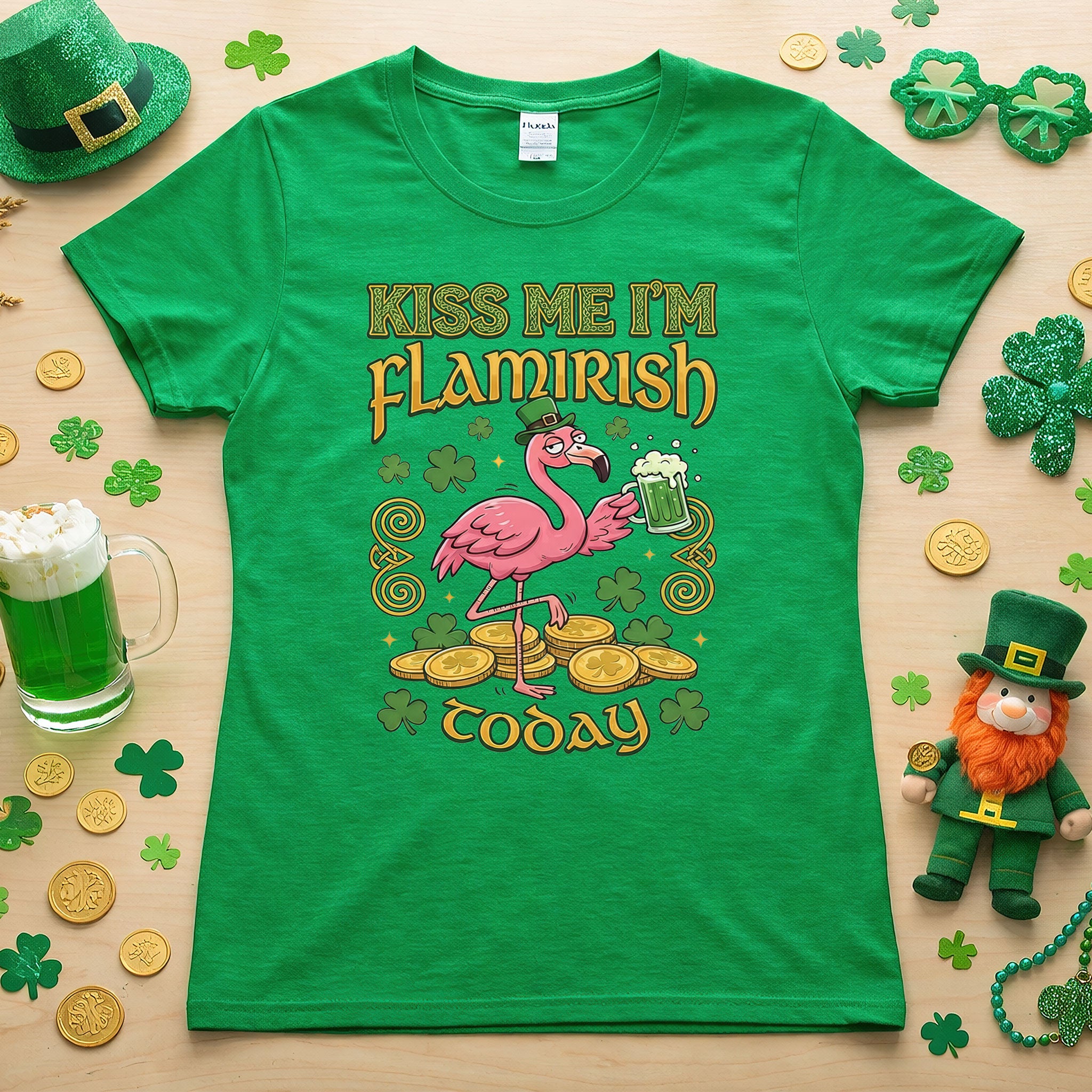 Flamingo Leprechaun 'Kiss Me I'm Flamirish Today' T-Shirt - Funny St. Patrick's Day Tee for Her
