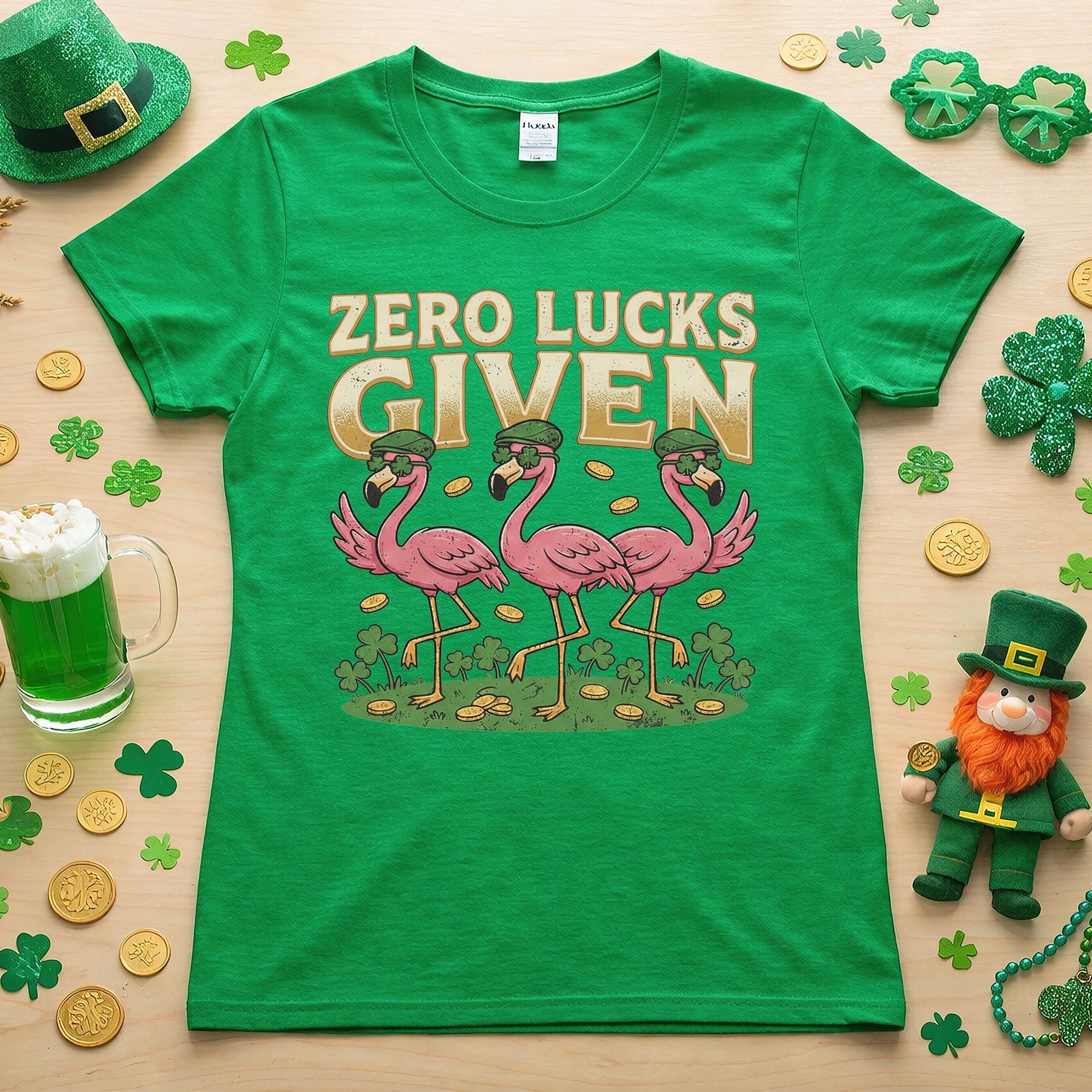 Leprechaun Flamingo Zero Lucks Given St. Patrick's Day T-Shirt - Funny Irish Beer Party Tee for Her