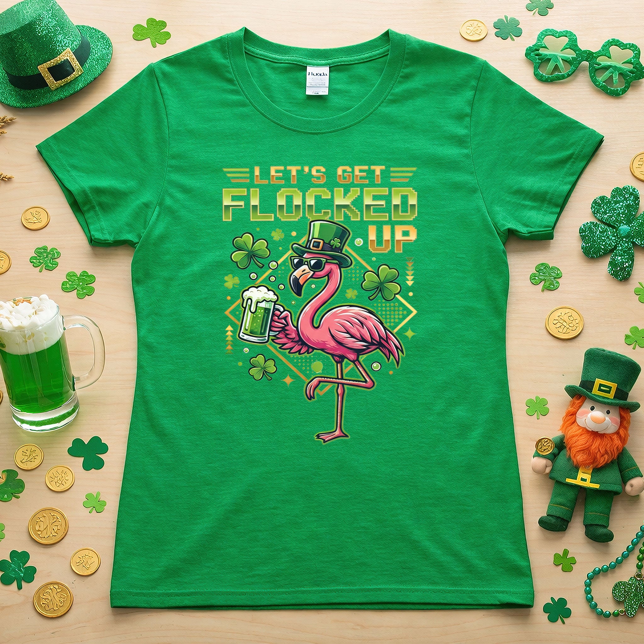 Funny Let's Get Flocked Up St. Patrick's Day Flamingo T-Shirt - Irish Beer Party Tee
