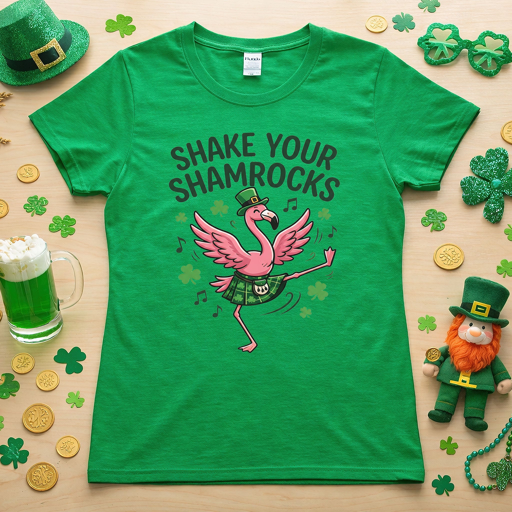 Shake Your Shamrocks Dancing Flamingo St. Patrick's Day T-Shirt - Funny Irish Party Tee for Women