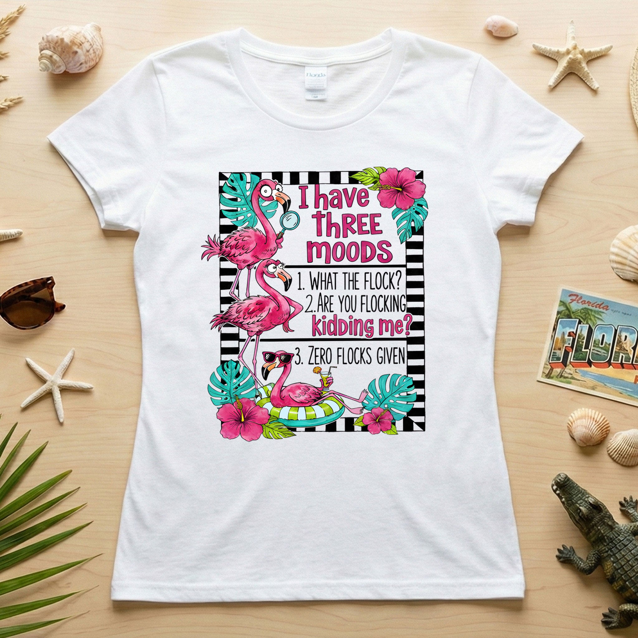 Sassy Flamingo Mood Graphic T-Shirt for Women - Zero Flocks Given Humor Tee