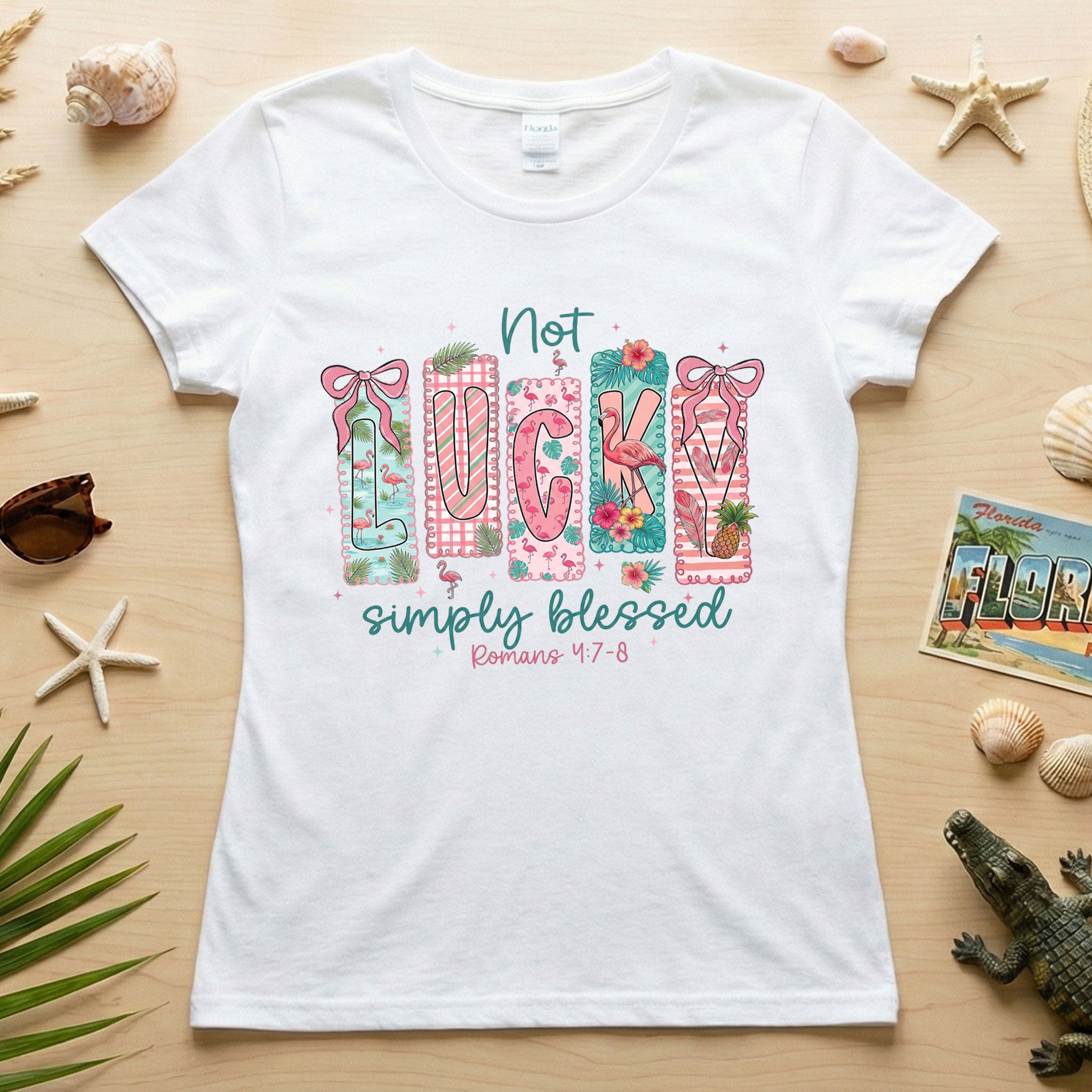 Not Lucky Simply Blessed Flamingo Shirt – Romans 4:7-8 Christian Faith Tropical Flamingo T-Shirt