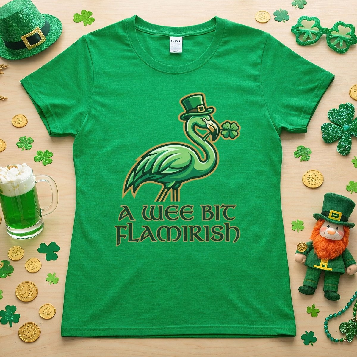 A Wee Bit Flamirish Green Flamingo St. Patrick's Day T-Shirt - Funny Irish Humor for Flamingo Fanatics - FlamingoAholic