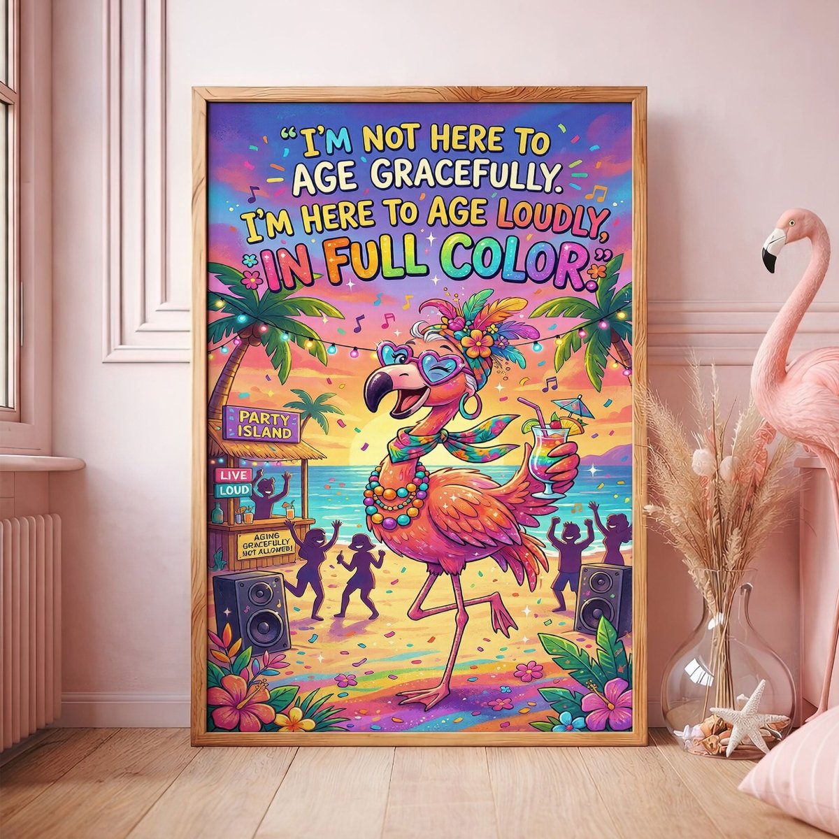 Age Loudly in Full Color – Funny Flamingo Party Poster - FlamingoAholic