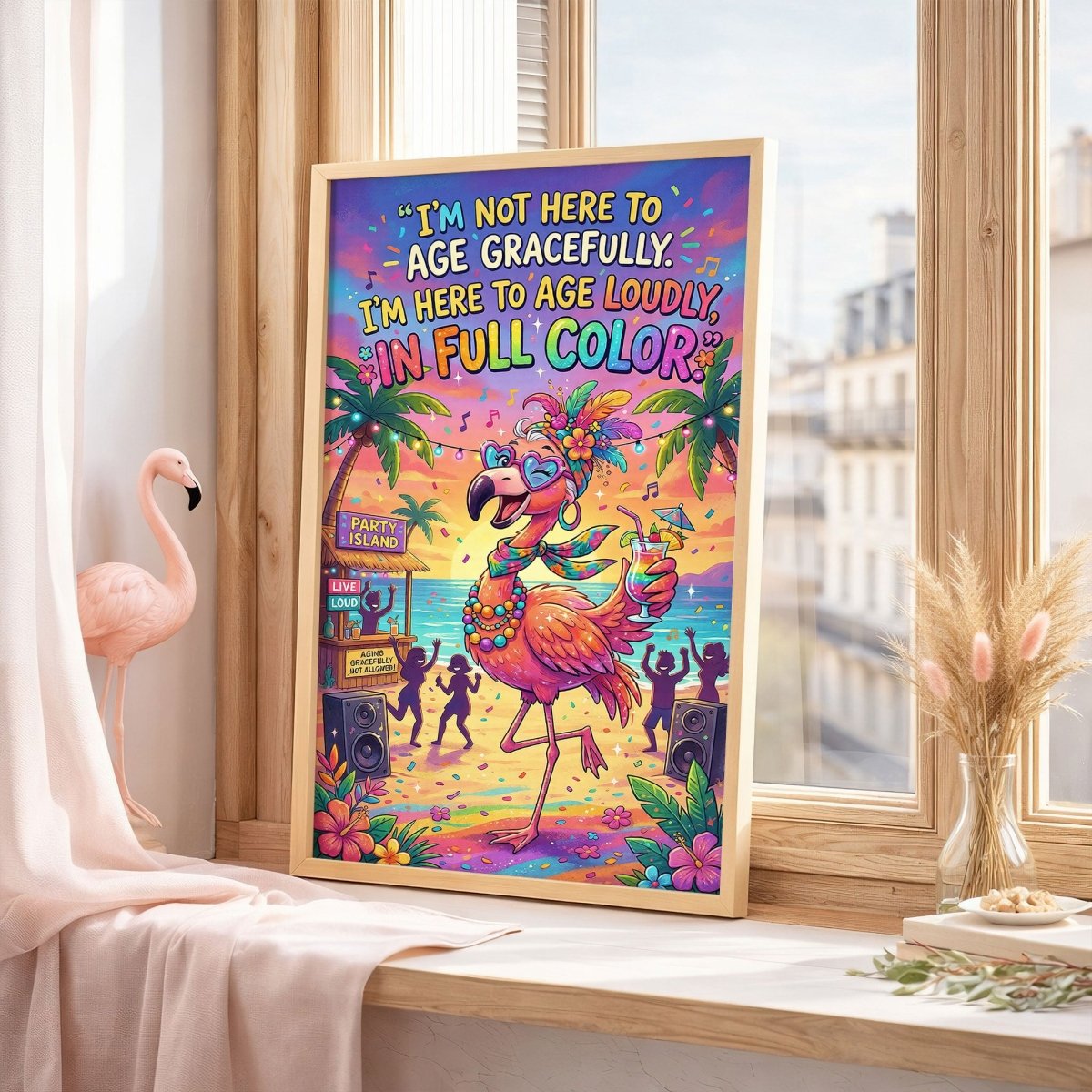 Age Loudly in Full Color – Funny Flamingo Party Poster - FlamingoAholic