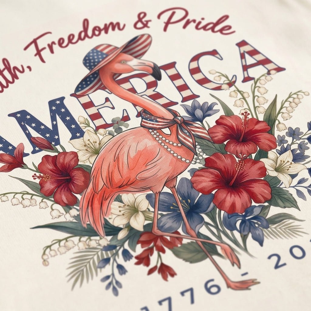 America 250 Faith Freedom Pride - Patriotic Flamingo T-Shirt - FlamingoAholic