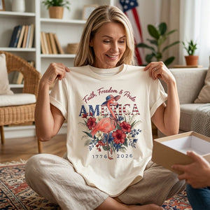 America 250 Faith Freedom Pride - Patriotic Flamingo T-Shirt - FlamingoAholic