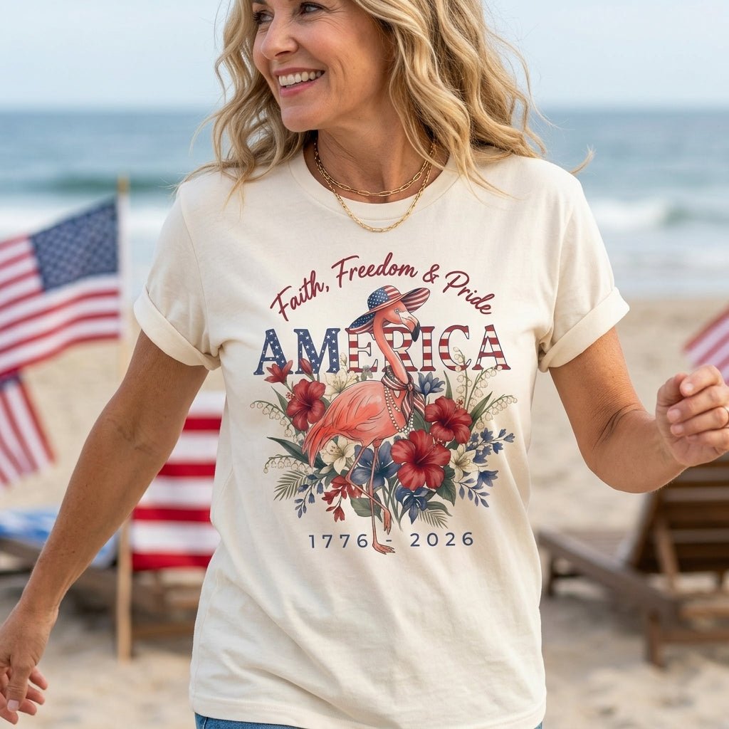 America 250 Faith Freedom Pride - Patriotic Flamingo T-Shirt - FlamingoAholic