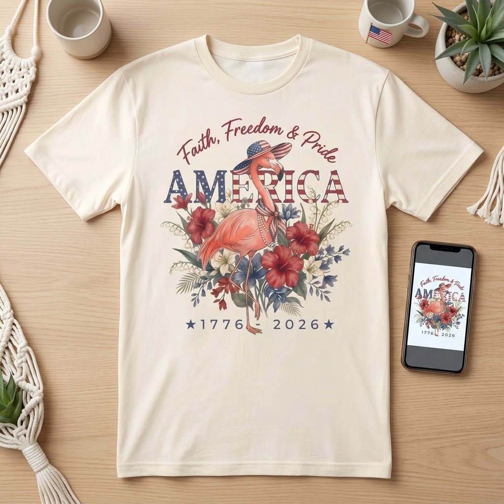 America 250 Faith Freedom Pride - Patriotic Flamingo T-Shirt - FlamingoAholic