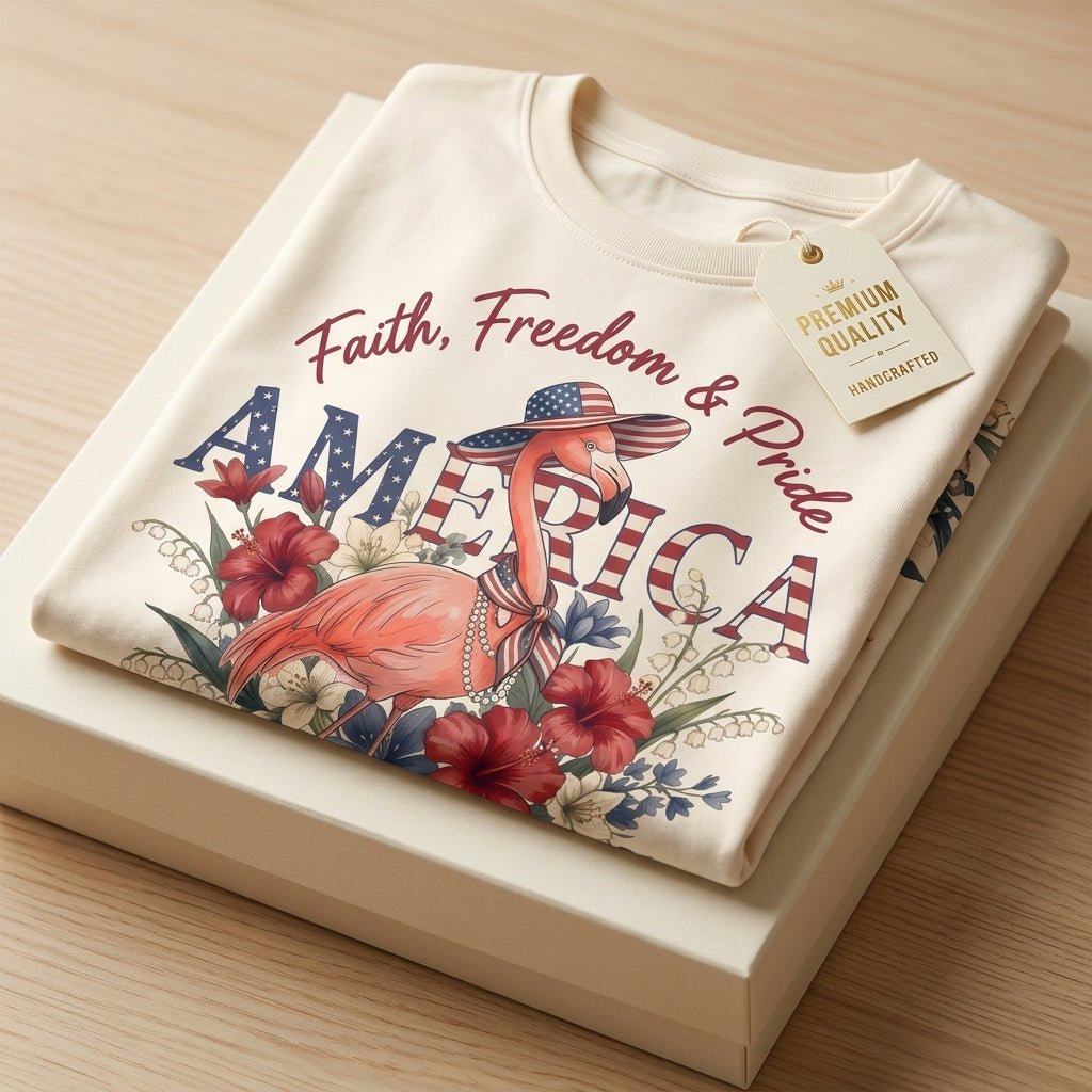 America 250 Faith Freedom Pride - Patriotic Flamingo T-Shirt - FlamingoAholic