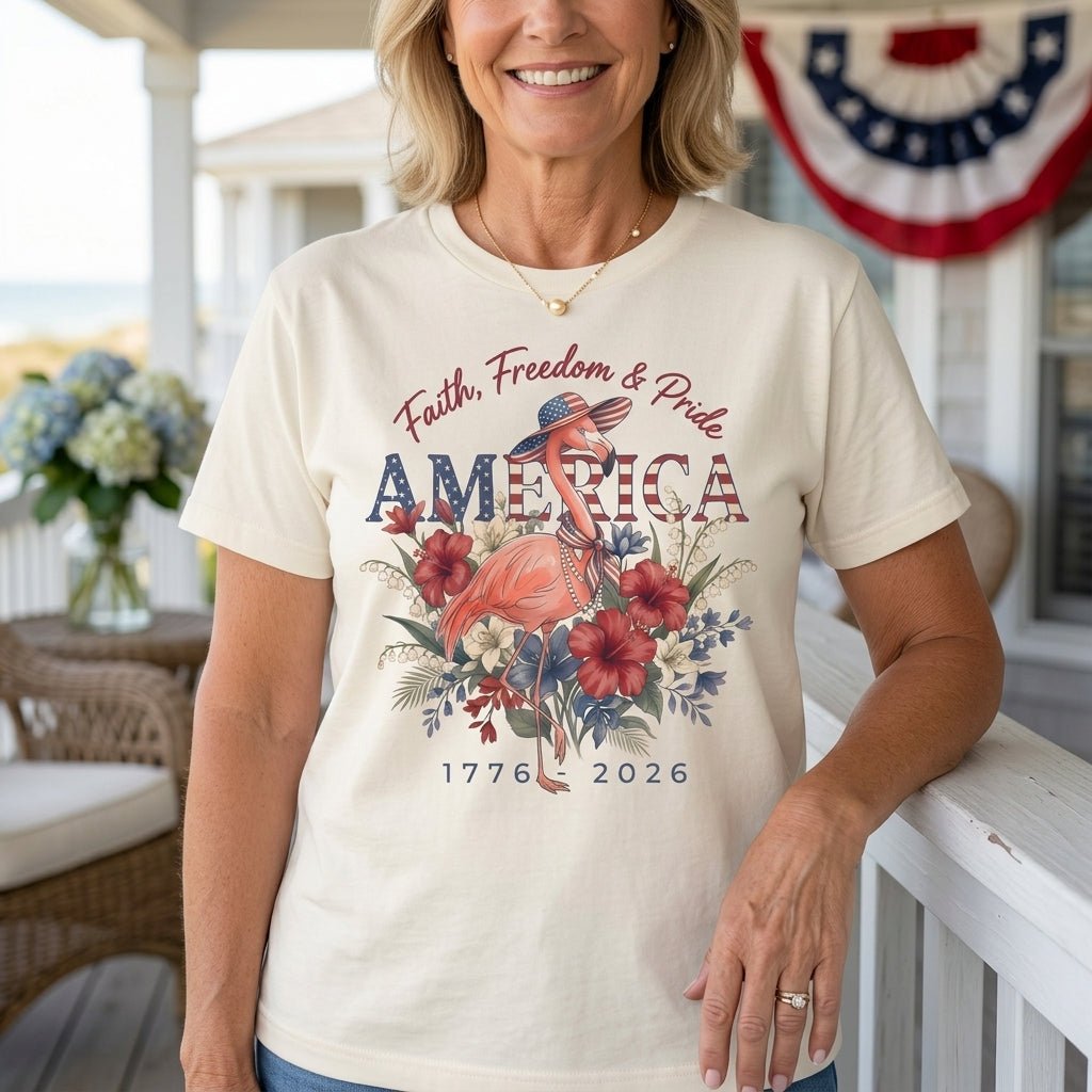 America 250 Faith Freedom Pride - Patriotic Flamingo T-Shirt - FlamingoAholic