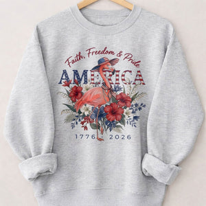 America 250 Faith Freedom Pride - Patriotic Flamingo T-Shirt - FlamingoAholic