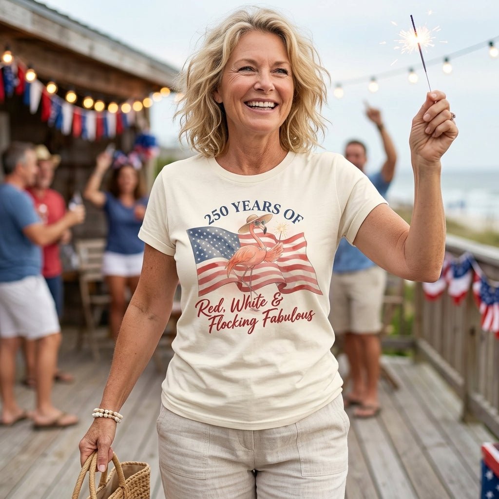 America 250 Fireworks Floral Flamingo - Patriotic Summer Shirt - FlamingoAholic
