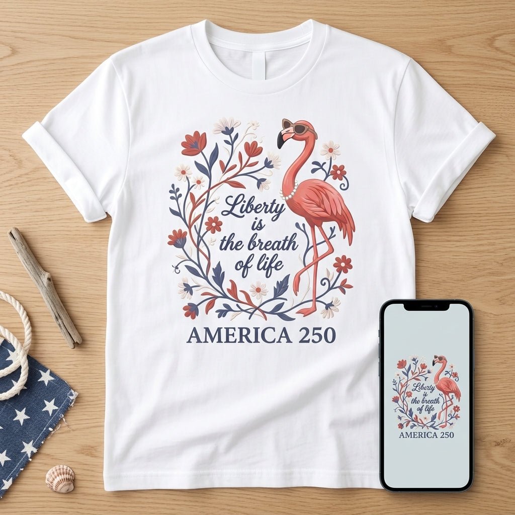 America 250 Liberty Is The Breath Of Life - Patriotic Flamingo T-Shirt - FlamingoAholic