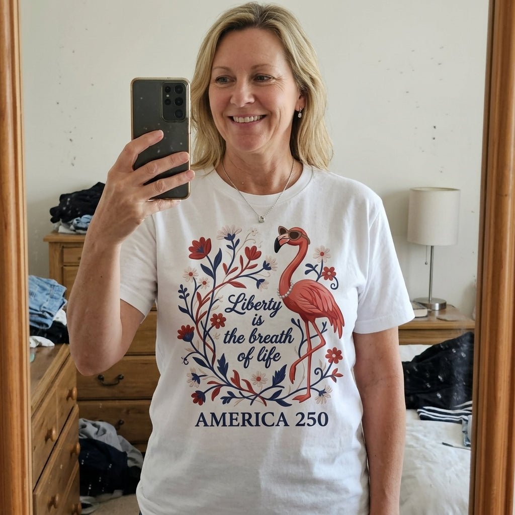 America 250 Liberty Is The Breath Of Life - Patriotic Flamingo T-Shirt - FlamingoAholic