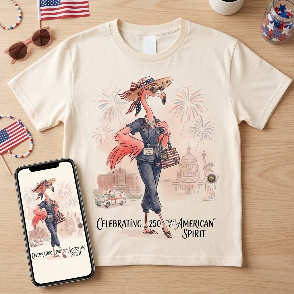 America 250 Years of American Spirit Nurse Scrubs Flamingo Shirt - FlamingoAholic