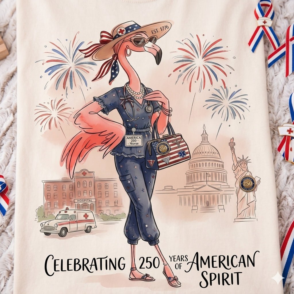 America 250 Years of American Spirit Nurse Scrubs Flamingo Shirt - FlamingoAholic