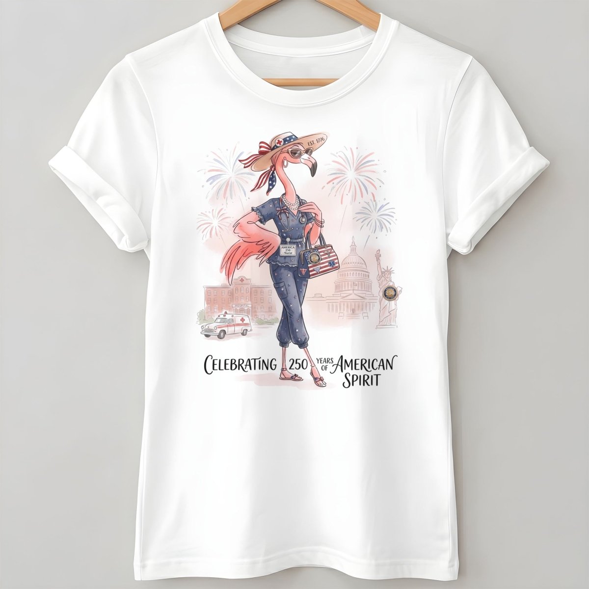 America 250 Years of American Spirit Nurse Scrubs Flamingo Shirt - FlamingoAholic