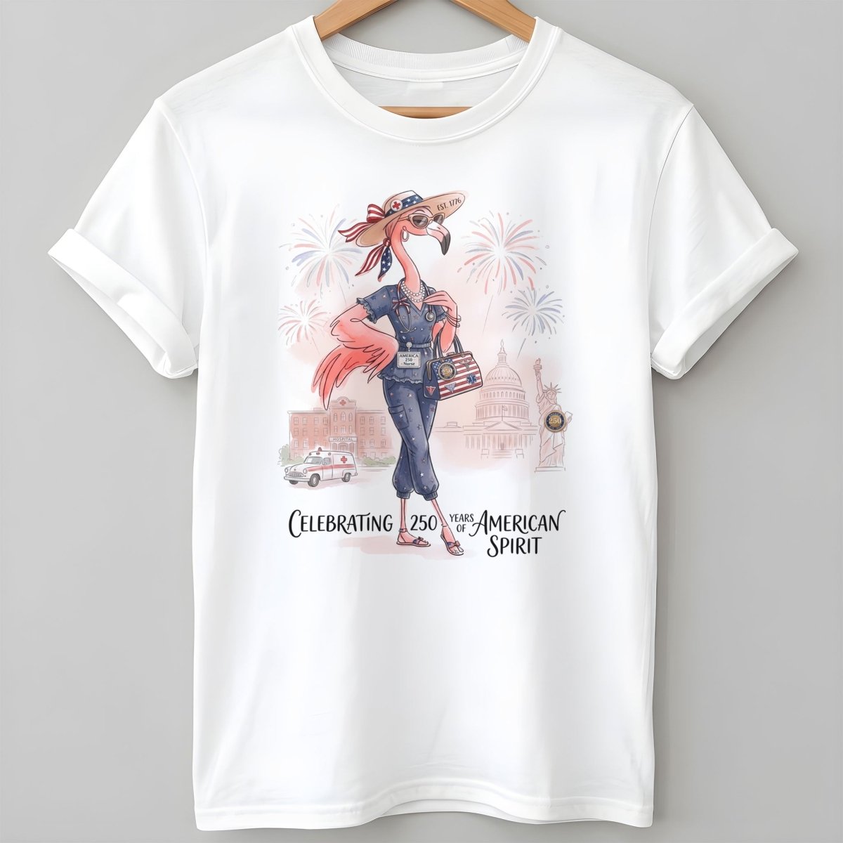 America 250 Years of American Spirit Nurse Scrubs Flamingo Shirt - FlamingoAholic