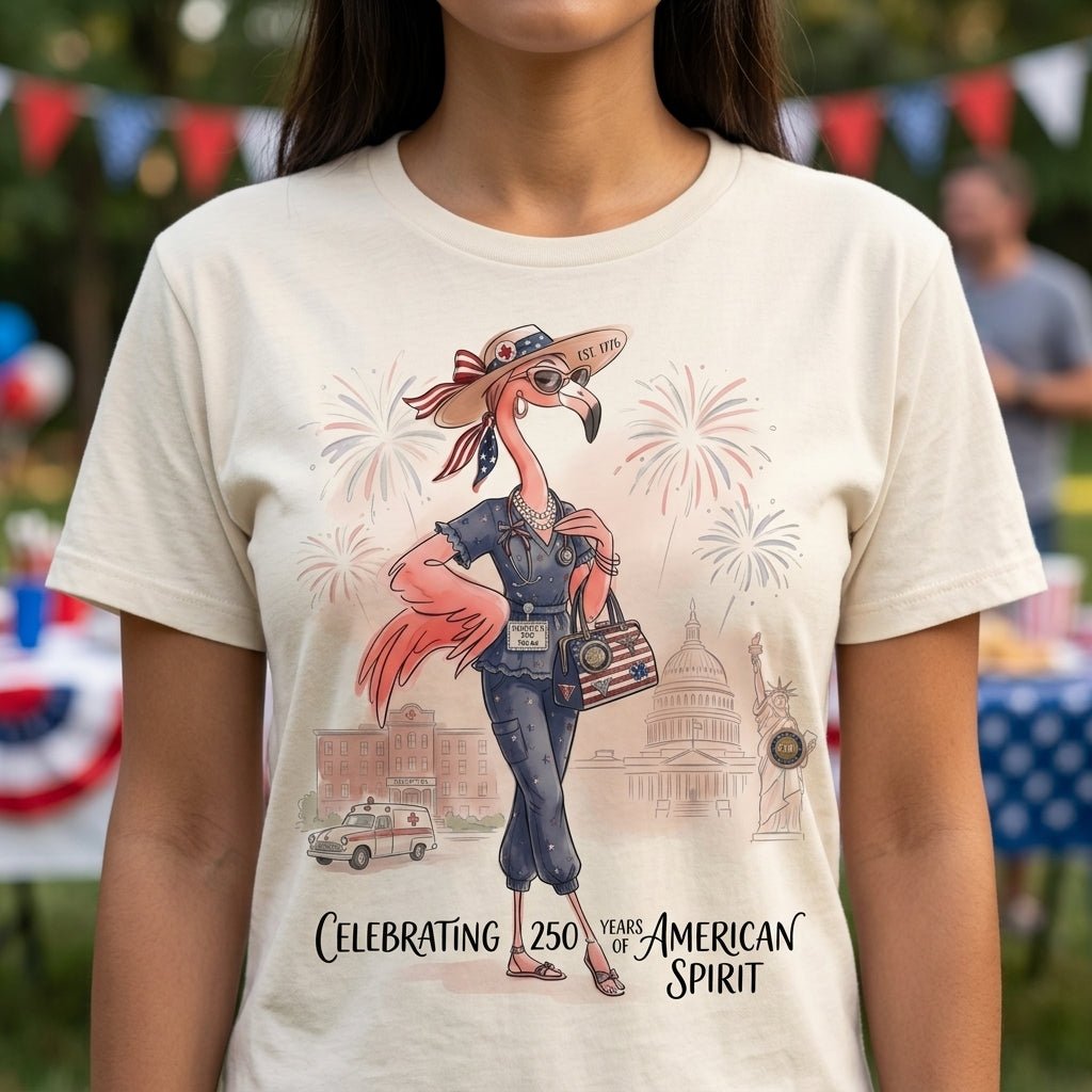 America 250 Years of American Spirit Nurse Scrubs Flamingo Shirt - FlamingoAholic